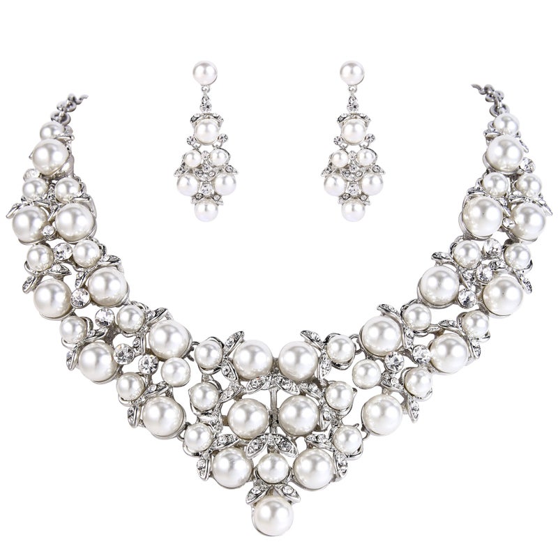 BriLove Wedding Bridal Simulated Pearl Jewelry Set for Women Crystal Cluster Statement Necklace Dangle Earrings for Party Prom Clear Silver-Tone - Image 1